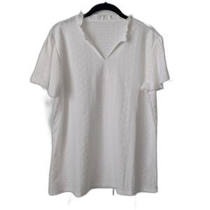 White Eyelet Embroidery V-Neck Top Women’s Medium Ruffle Short Sleeve